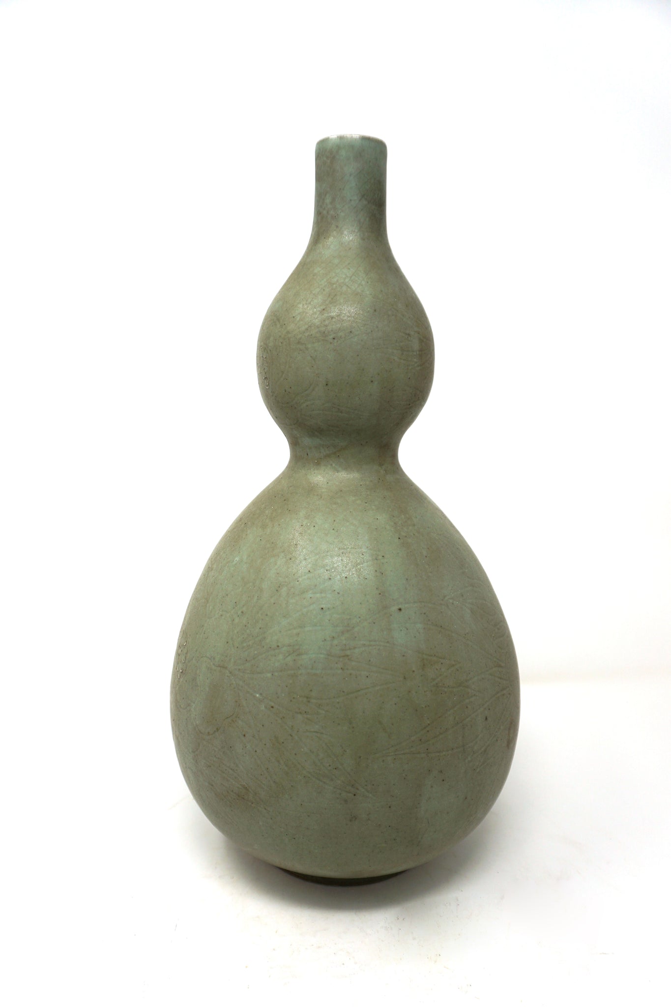 Chosun Gourd Celadon Vase with Engraved Flower Design