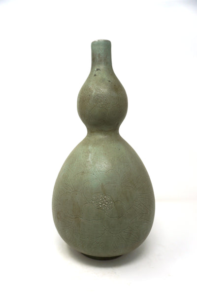 Chosun Gourd Celadon Vase with Engraved Flower Design