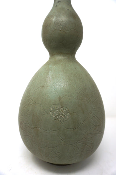 Chosun Gourd Celadon Vase with Engraved Flower Design