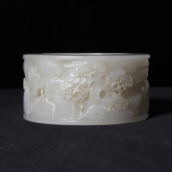 Chinese White Jade Bangle with Beautiful Carved Scenery from Qing Period