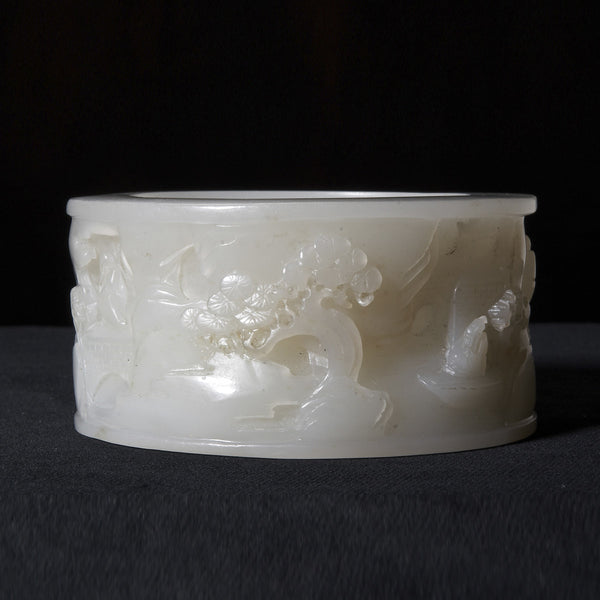Chinese White Jade Bangle with Beautiful Carved Scenery from Qing Period