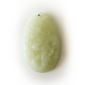 Chinese White Oval Jade Pendant with Dragon Carving
