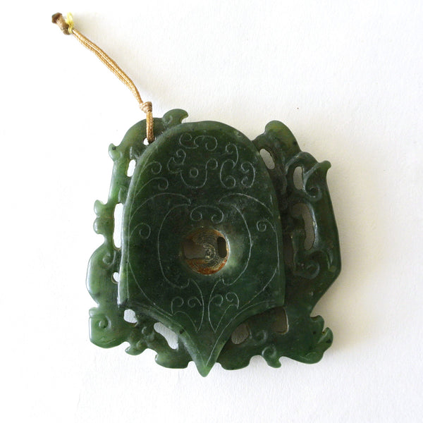 Chinese Spinach Green Jade Pendant with Intricate Archaic Design