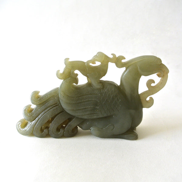 Chinese Old Celadon Jade Statue with Two Phoenix Design