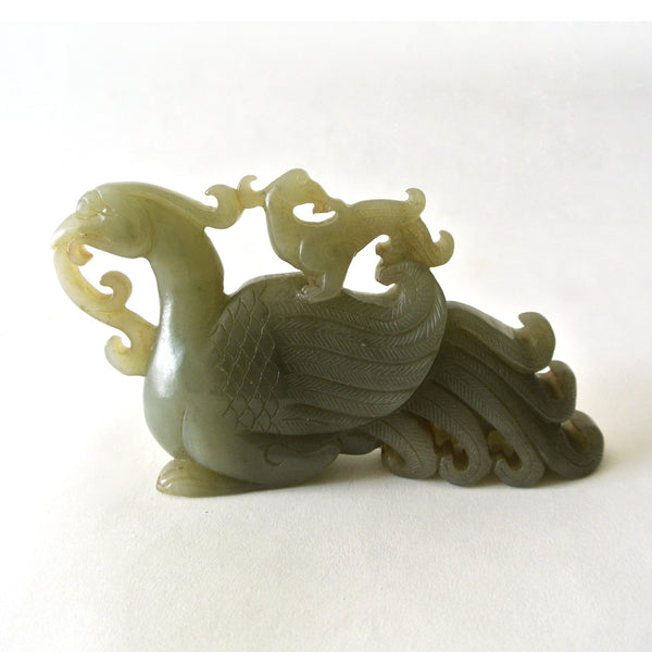 Chinese Old Celadon Jade Statue with Two Phoenix Design