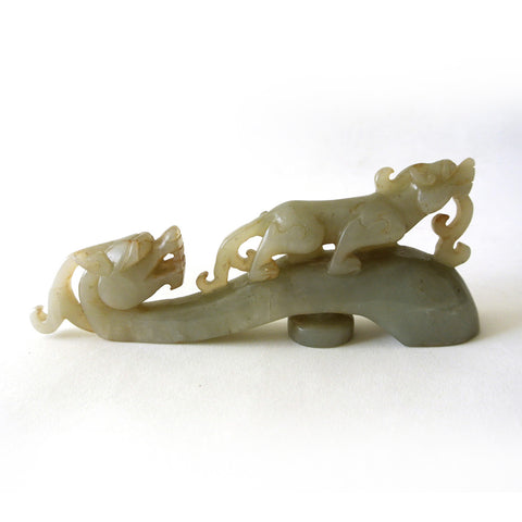 Chinese Old Celadon Jade Belt Hook with Carved Animal Design