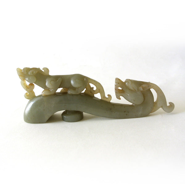 Chinese Old Celadon Jade Belt Hook with Carved Animal Design