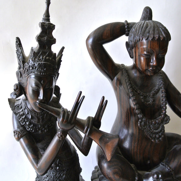 Indonesian Large Hand Carved Ebony Wood Statue of Man and Woman
