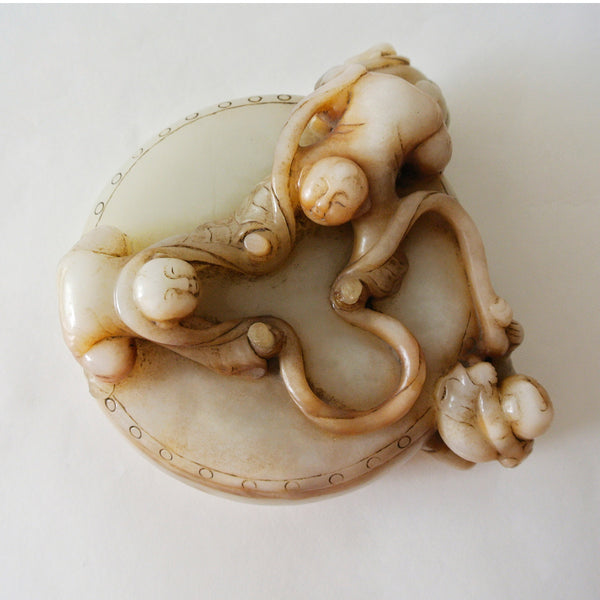 Large Chinese White Jade with Three Men and a Monkey Design