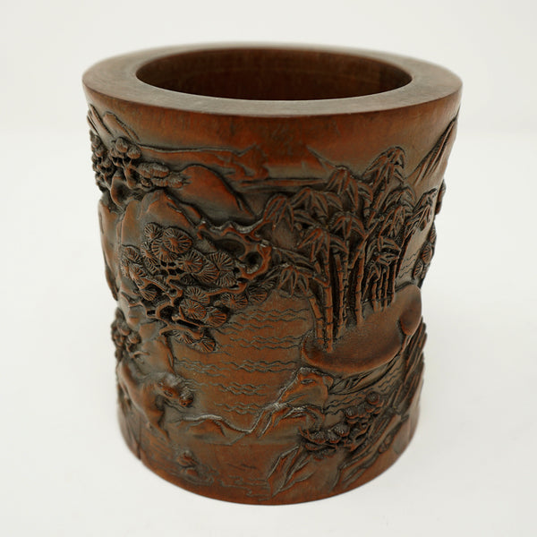 Chinese Hard Wood Fine Carving Horses Design Brush Pot