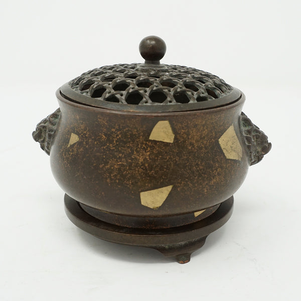 Chinese Bronze with Gold Dotted Design Incense Burner with Lid