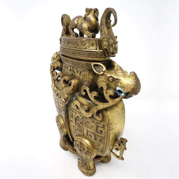 Chinese Old Copper Incense Burner Archaic Design with Lid