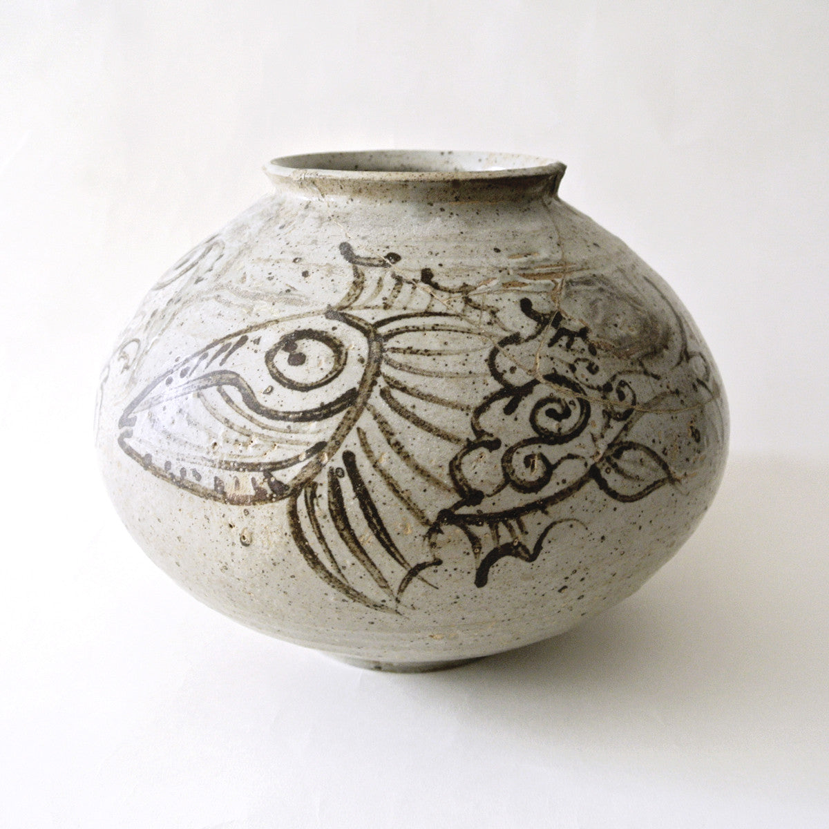 Korean Brown & White Vase with Fish and Seaweed Design from Chosun Period