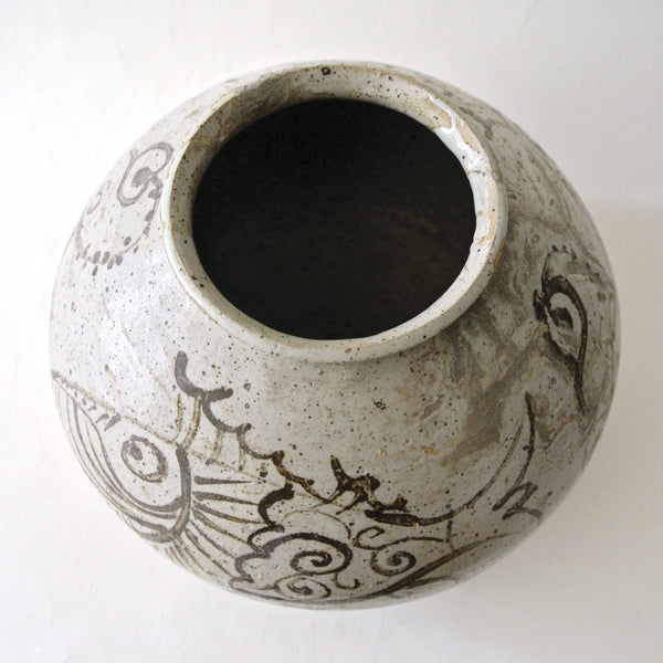 Korean Brown & White Vase with Fish and Seaweed Design from Chosun Period