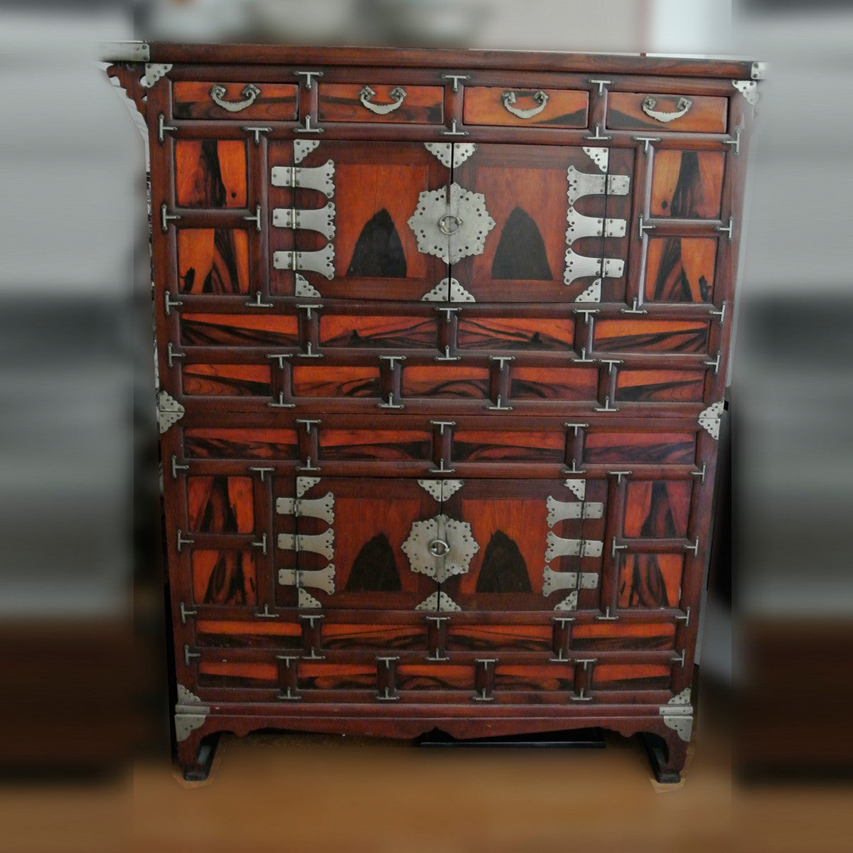 Korean Chosun Dynasty Two-Sectioned Chest with Persimmon Wood and Metal