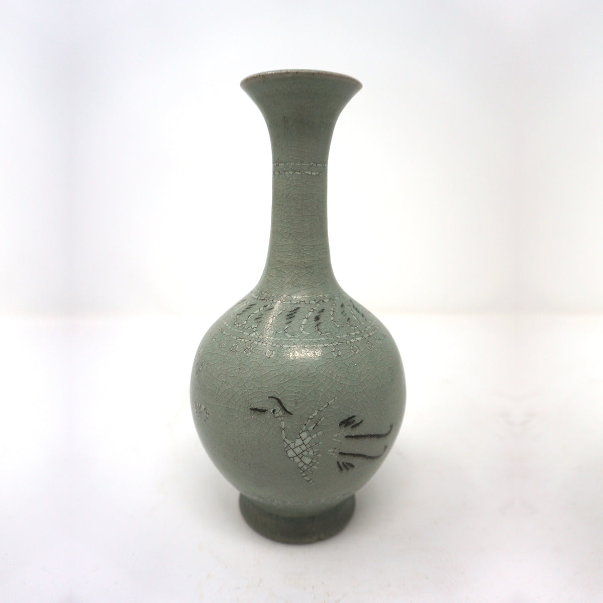 Green Inlaid Crane Design Porcelain Bottle from Chosun Dynasty