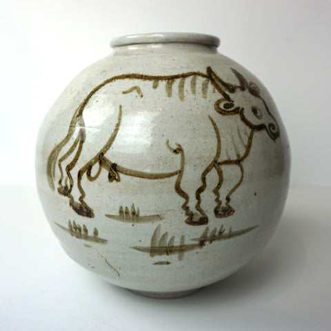 White Porcelain Jar with Iron Ox Painting from Chosun Dynasty