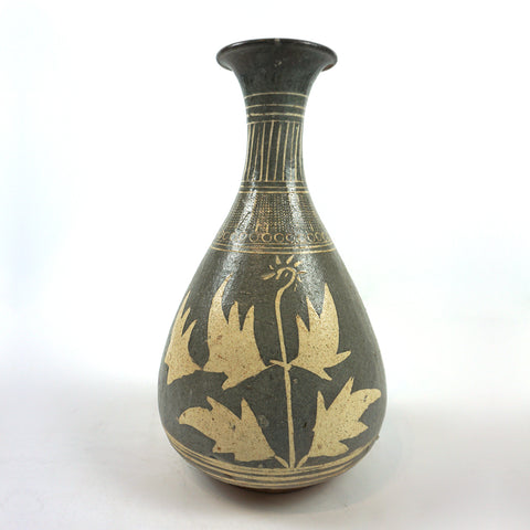 Gray Bunchung Vase with Inlaid Plant Design from Chosun Dynasty