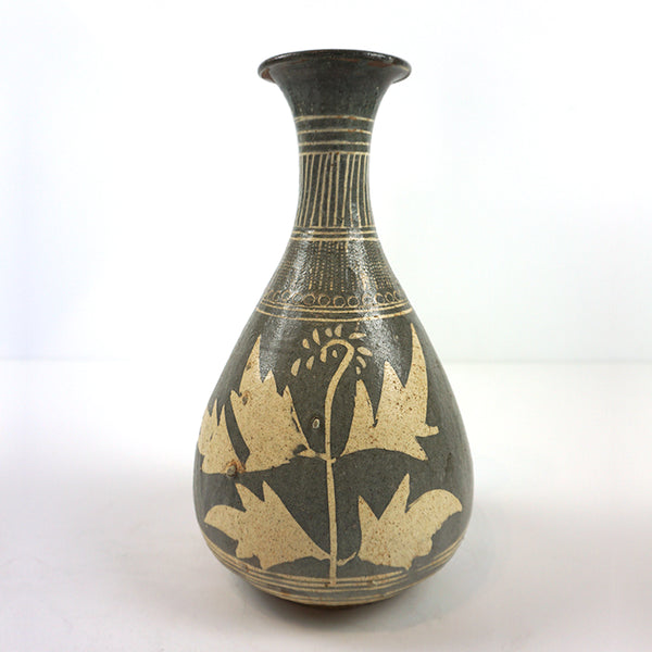 Gray Bunchung Vase with Inlaid Plant Design from Chosun Dynasty