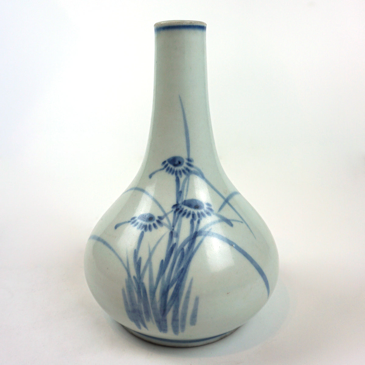 White Porcelain Bottle Vase with Blue Flower Painting from Late Chosun Dynasty by Bunwon Kiln