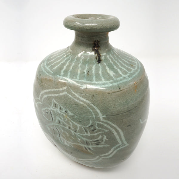 Bunchung Porcelain Flat Bottle Vase with Fish Design from Chosun Dynasty