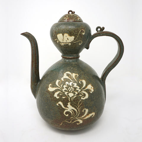 Dark Green Porcelain Kettle with Inlaid Flower and Butterfly Design from Koryo Dynasty