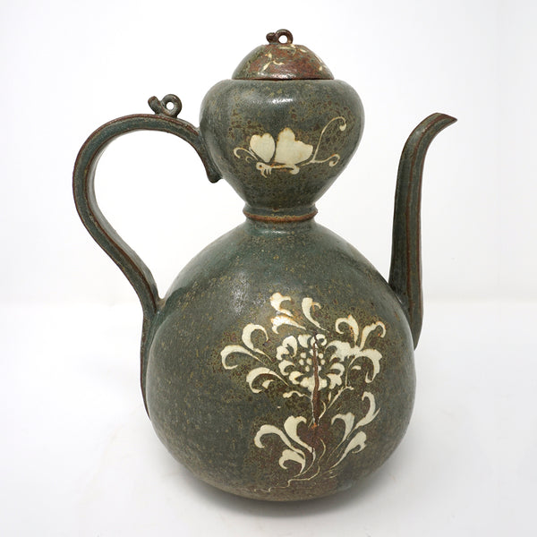 Dark Green Porcelain Kettle with Inlaid Flower and Butterfly Design from Koryo Dynasty