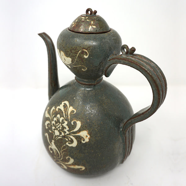 Dark Green Porcelain Kettle with Inlaid Flower and Butterfly Design from Koryo Dynasty