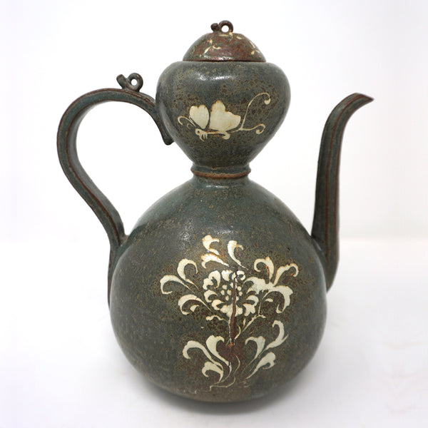 Dark Green Porcelain Kettle with Inlaid Flower and Butterfly Design from Koryo Dynasty