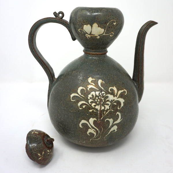 Dark Green Porcelain Kettle with Inlaid Flower and Butterfly Design from Koryo Dynasty