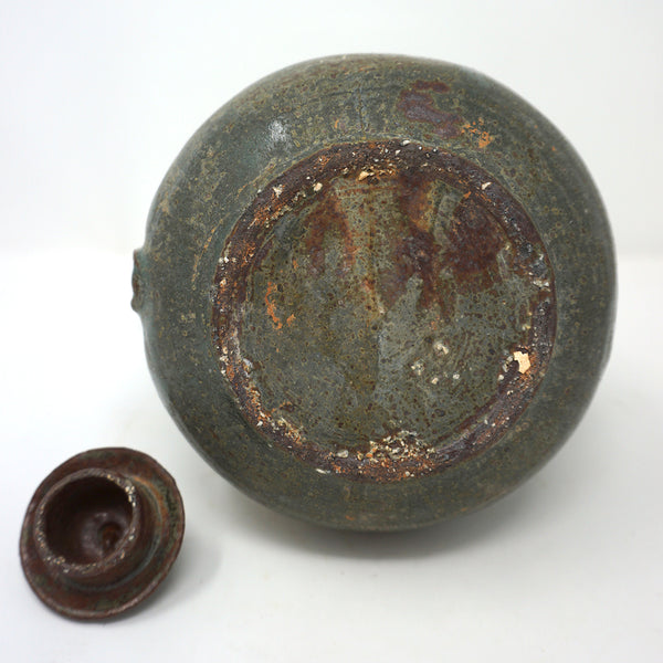 Dark Green Porcelain Kettle with Inlaid Flower and Butterfly Design from Koryo Dynasty