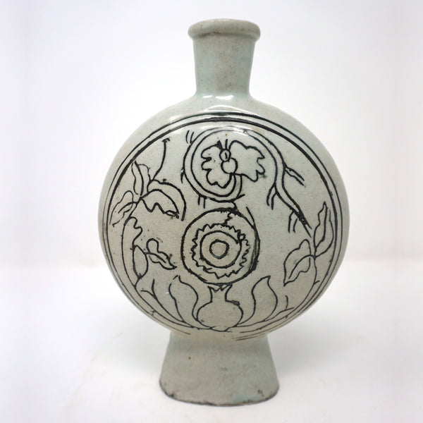 15th Century White Porcelain Flat Bottle Vase with Abstract Carved Flower Design