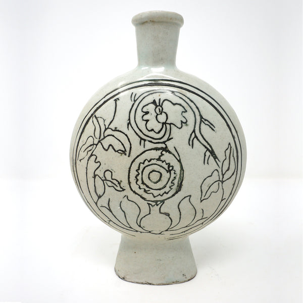 15th Century White Porcelain Flat Bottle Vase with Abstract Carved Flower Design