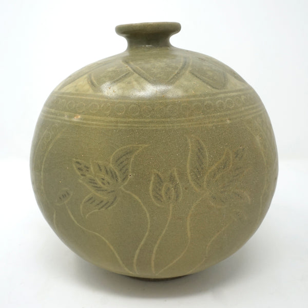 Bunchung Flat Bottle Vase with Inlaid Flower Design from Chosun Dynasty