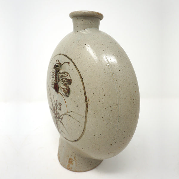 Bunchung Flat Bottle with Iron Painting of Butterfly and Bird Design from Chosun Dynasty
