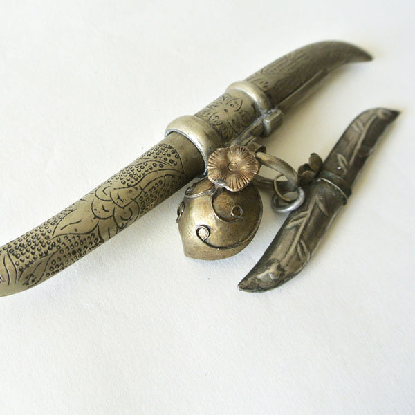Korean Silver "Eunjangdo" Dagger with Floral Design and Mini Dagger Charm