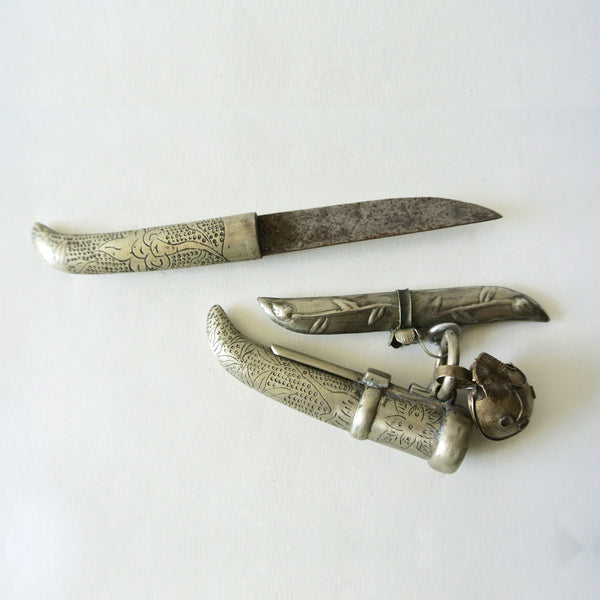 Korean Silver "Eunjangdo" Dagger with Floral Design and Mini Dagger Charm