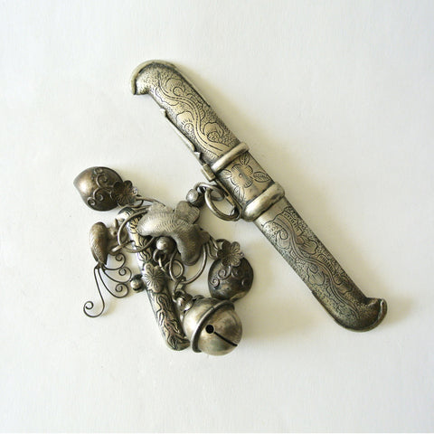 Korean Silver "Eunjangdo" with Intricate Bird Fruit and Mini Dagger Charms