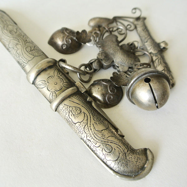 Korean Silver "Eunjangdo" with Intricate Bird Fruit and Mini Dagger Charms